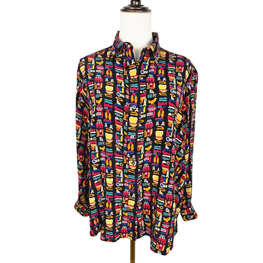 VTG Maus & Hoffman Silk Italian Blouse Large 90's Geometric Long Sleeve Colorful